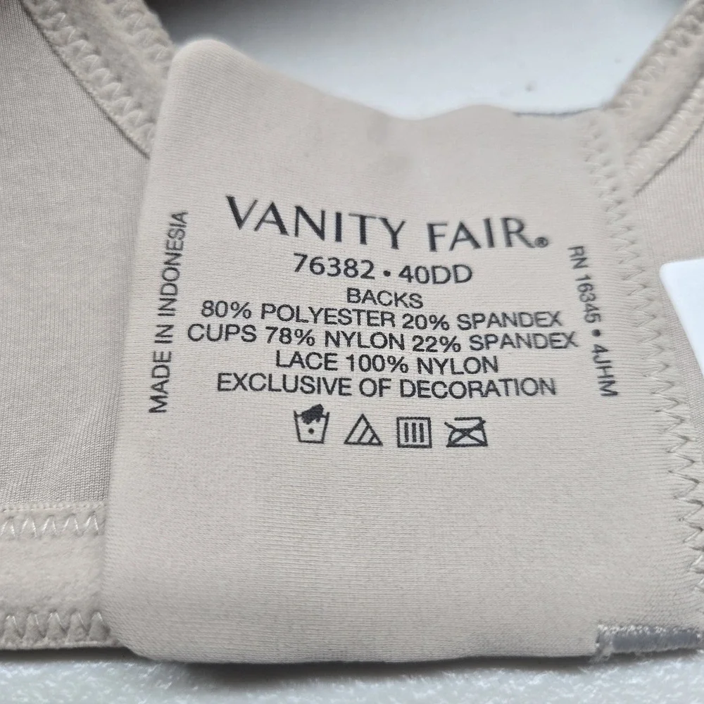 Vanity Fair Women Bra 40DD Beige T Shirt Underwired‎ Lace Strap